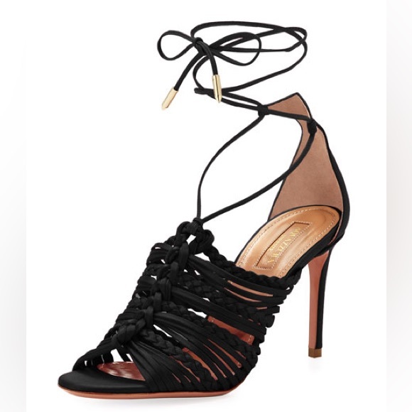 Aquazzura Goddess Silk Braided 85mm Sandals in Black - Picture 1 of 6